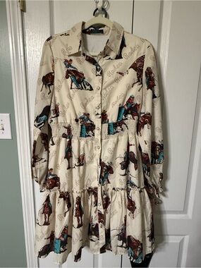 Cream Western-Print Long-Sleeve Tiered Shirt Dress